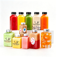 Vente en gros de bouteilles de jus en plastique de différentes formes. Bouteilles carrées pour jus avec couvercle, 60 ml, 150 ml, 250 ml, 350 ml, 500 ml