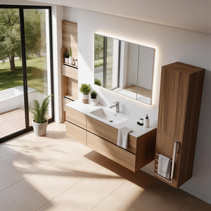 Light Wood <strong>Bathroom</strong> Vanity Set with LED Backlit Mirror <strong>Cabinet</strong> &amp; <strong>Tall</strong> Linen Storage <strong>Cabinet</strong> - Product Image 4