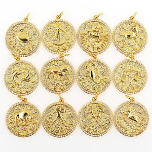 Moda Retro doce constelaciones collar redondo colgante accesorios chapado en oro cobre circón signos del zodiaco joyería impermeable - Product Image 1