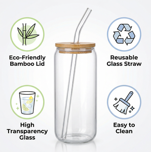 Caneca de Leite de Vidro de 16 Oz com Tampa de Bambu e Canudo, Design Moderno, Portátil, Reutilizável para Café Gelado, Sucos e Smoothies, Uso em Casa e Festas - Product Image 2