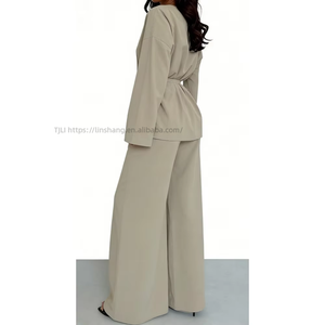 V-Neck Women's Blouse With Elegant Long Sleeves and <b>Tie</b> Detail, Paired With Stylish Wide-Leg Pants - 2-Piece <b>Set</b> Fashion - Product Image 5