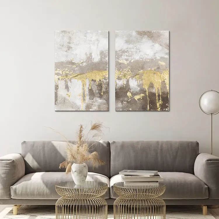 EAGLEGIFTS Home Decor Set of 2 Luxury Gold Abstract Stretch Canvas Wall Art with Wooden Frame