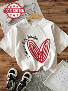 T-shirt casual da donna Kaela a maniche corte, stampa cuore rosso su fondo bianco, girocollo, in morbido tessuto jersey, per primavera ed estate - Product Image 3