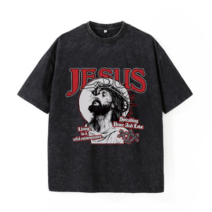 Camiseta Negra Oversize Vintage con Lavado Ácido 100% Algodón para Hombre, Estampado Digital 'Jesus Paz Amor' - Subcultura Religiosa Oscura - Product Image 1