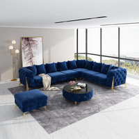 Conjunto de sofá Chesterfield en forma de L gris tradicional de lujo al por mayor, muebles para sala de estar, sofá esquinero de terciopelo con patas doradas