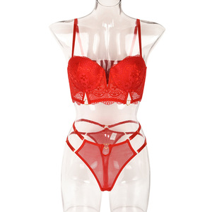 Wholesale V-neck Solid Color Lingerie <b>Set</b> <b>Sexy</b> Lace Embroidery 2 Piece <b>Bra</b> and Thong <b>Set</b> - Product Image 5