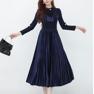 Elegante abito da donna in velluto plissettato lungo fino al pavimento autunno inverno Casual dimagrante Base cigno coniglio tinta unita Chiffon - Product Image 4