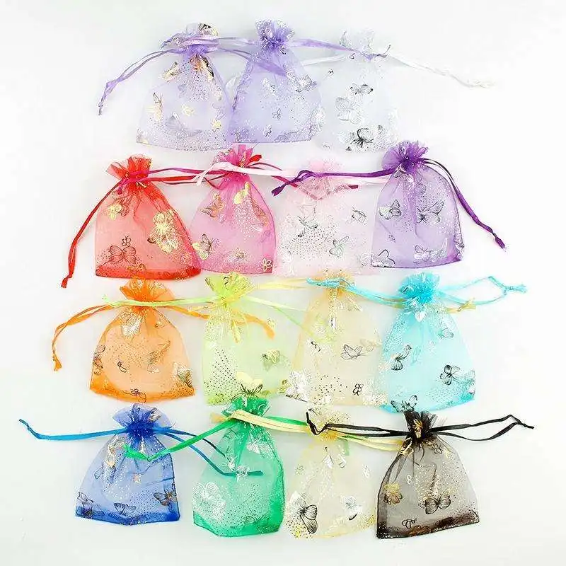 HD 13*18cm Butterfly Silver Printing Organza Bags Jewelry Mesh Bags Wholesale Drawstring Pouches Butterfly Organza In Stock
