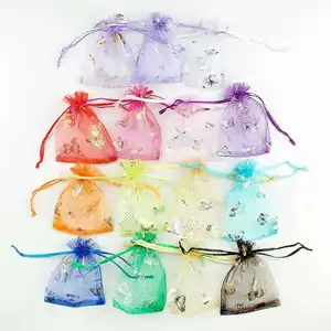 Bolsa de organza com cordão para borboletas, bolsas de malha para joias com estampa de prata HD 13*18 cm, atacado em estoque