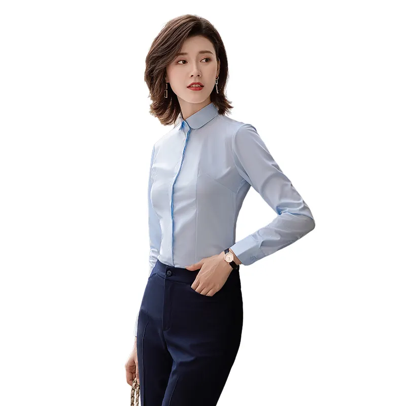 S-8xl keluaran baru 2023 blus bisnis wanita lengan panjang baju kantor blus warna Solid kancing Lapel kemeja atasan kasual