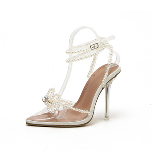 Sandales tendance à bout pointu avec nœud, talon femme, bride cheville croisée, été, perles argentées, talons pour femmes 2024 - Product Image 1