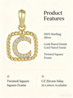 Collier pendentif en argent 925 plaqué or avec initiale torsadée carrée pour femme et fille, cadeau idéal pour un anniversaire