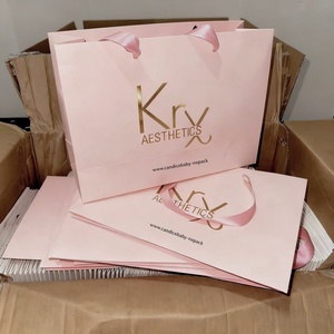 Custom Gold Foil Logo Rose Pink Cosmetic Products Packaging <strong>Paper</strong> Shopping <strong>Bags</strong> <strong>with</strong> Ribbon Handle - Product Image 5