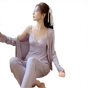 Conjunto de Pijama de Tres Piezas para Mujer, Estilo Princesa, Viscosa, con Relleno, con Tirantes, Sexy, Camisola de Manga Larga, Bata, Ropa de Dormir - Product Image 2