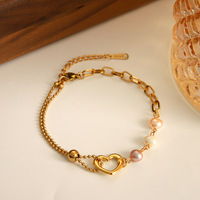 Bracelet tendance en acier inoxydable plaqué or 18 carats avec pendentif cœur en imitation perle et chaîne cubaine à fermoir à bascule, cadeau d'anniversaire
