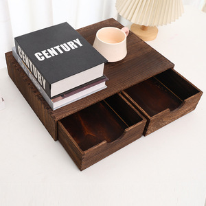Wooden Desktop Organizer Double <b>Drawer</b> <b>Storage</b> <b>Box</b> For Office Books And Miscellaneous Items Rectangle Standing Type Solid Color - Product Image 3