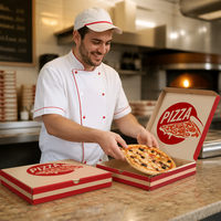 Boîte à pizza personnalisée en carton ondulé naturel avec couvercle à encoche, rayures rouges, résistante à la graisse, ventilée, imprimée, pour vente à emporter, MOQ 500 pièces