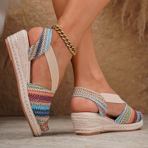 Sandalias de cuña para mujer con punta abierta, parte superior de paja, suela gruesa, transpirables, estilo sin cordones con tira trasera para verano - Product Image 3