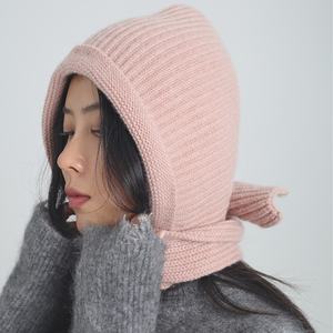 Topi rajut wanita ringan, topi syal Kombo tebal hangat leher penutup wajah musim gugur/dingin 100% Polyester - Product Image 3