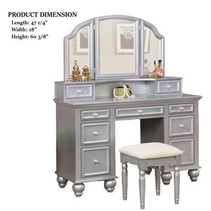 Transitional Style Solid Oak Wood 1pc Vanity W/ Stool Set Knob Handles Storage Drawers 3-Sided <b>Mirror</b> Silver Hotel Living Room - Product Image 6