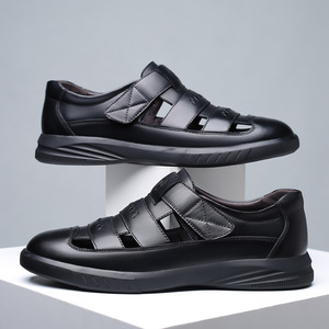 Men's Leather Hollow-Out <b>Sandals</b> Black Velcro Closure Breathable Summer <b>Closed</b> <b>Toe</b> Shoes For Dads - Product Image 2