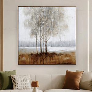 Dipinto a Olio Paesaggistico Texturizzato Tonalità Neutre Scenari <span class=keywords><strong>Invernali</strong></span> con Alberi Nebbosi per Arredamento Casa Quadri d'Arte Murale Natura Morta - Product Image 2