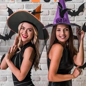 Topi Halloween aksesoris kostum Cosplay pesta wanita bunga topi kasa bulu mawar dekorasi topi penyihir