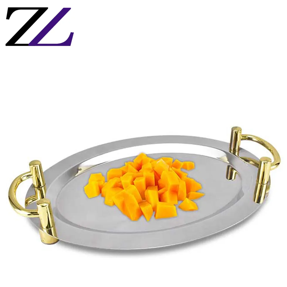 Bandejas doradas para servir comida de boda con espejo elegante, servicio de postre, mangos dorados, bandejas de servicio ovaladas de acero inoxidable plateado