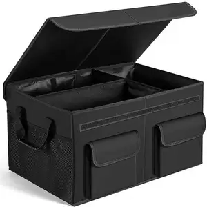 Kotak penyimpanan bot mobil hitam Multifungsi, pengatur bagasi mobil dapat dilipat kapasitas besar dengan pegangan