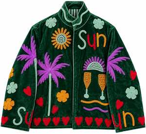 Indian Handmade Suzani Emerald Green <b>Velvet</b> Embroidered Bomber <b>Jacket</b> <b>Women</b> V-neck Long Sleeve Thick Winter Breathable Quick Dry - Product Image 6