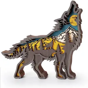 森林动物木制家居雕塑装饰品，多层3D木雕艺术搁板桌木制工艺品家居 (狼