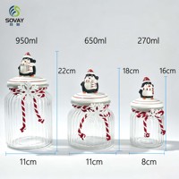 Pot à biscuits décoratif de Noël en verre, pot à nervures verticales, couvercle en céramique pingouin 3D avec ficelle flocon de neige, pot de Noël en gros