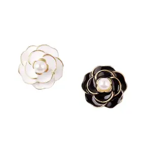 Black White Enamel Flower Charms Golden Plated Rose Flower for Earrings Button Making