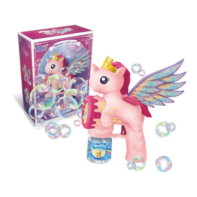 New Design Pistola Burbujas Leak Free Automatic Bubble Blower Battery Operated Unicorn Bubble Gun with Wings for Easter Party