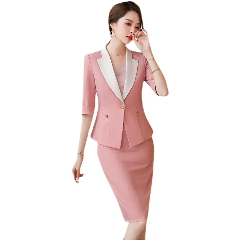 2 Pieces Suit Set Women Contrast Collar Skirt Suit Office Lady Style Summer Wear Half-Sleeve Thin Blazer with knee length Skirt