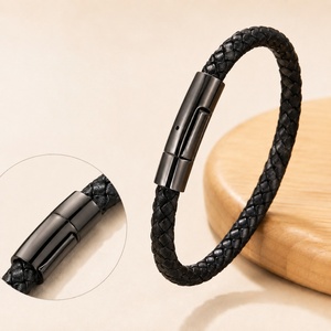 Punk Simple Style Men Jewelry Follow <b>Light</b> Braided Leather Bracelet Stainless Steel Wire <b>Rope</b> Bracelet - Product Image 3