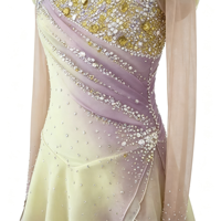 Robe de patinage artistique dégradé jaune lavande, ornée de strass, à manches longues, pour compétition, pour enfants et filles