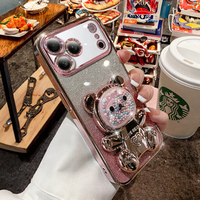Coque de téléphone antichoc électroplaquée à paillettes pour iPhone 11-17, motif ours mignon, avec support magnétique intégré