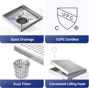 Rejilla <span class=keywords><strong>de</strong></span> drenaje cuadrada cepillada antirust y anticorrosión con cubierta reversible y atrapapelos, ecológica para uso en baños y hoteles - Product Image 3