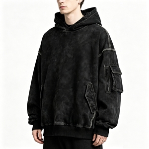 Sweat à capuche noir délavé style Y2K rétro pour homme, en coton épais 100 %, avec surpiqûres contrastées, style streetwear et poche cargo - Product Image 1