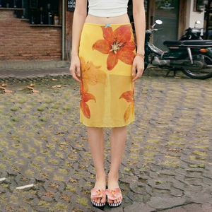 2026 Summer New Floral Print Contrast Color Mesh <b>Patchwork</b> Slim Fit Bodycon Breathable Soft Casual Knee-Length <b>Skirt</b> - Product Image 1