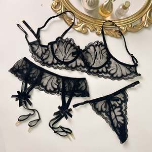 ชุดชั้นในผู้หญิงผ้าซาตินลายลูกไม้โปร่งแสงสีดำ 3 ชิ้น - Product Image 4