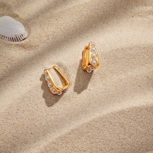 Huggie Earrings Gold Tone Pearl Inlay Geometric Shape Stainless Steel Everyday Wear Jewelry for Women - Product Image 4