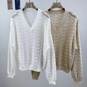 Maglione da <span class=keywords><strong>Donna</strong></span> in <span class=keywords><strong>Lino</strong></span> Leggero con Scollo a V e Paillettes, Top in <span class=keywords><strong>Maglia</strong></span> Traspirante a Rete a Maniche Lunghe per Autunno - Product Image 5