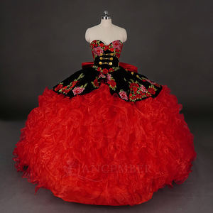 Vestido de Quinceañera Rojo Charro Jancember WC045, Vestido de Baile Floral, Vestido de Novia de Terciopelo Negro con Volantes, Ropa para Fiestas de Cumpleaños, Banquetes y Eventos - Product Image 1