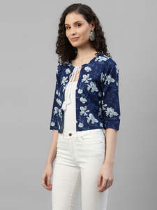 DEEBACO Bolero de Algodón Índigo Floral para Mujer, con Lazos, Abierto por Delante, Manga Corta, Ajuste Relajado, Estilo Western, de Una Pieza, Casual - Product Image 1