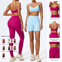Ensemble de yoga 3 pièces pour femme, respirant et léger, en Spandex/Nylon, avec soutien-gorge de sport à décolleté en V profond, short taille haute et leggings longs pour la gym