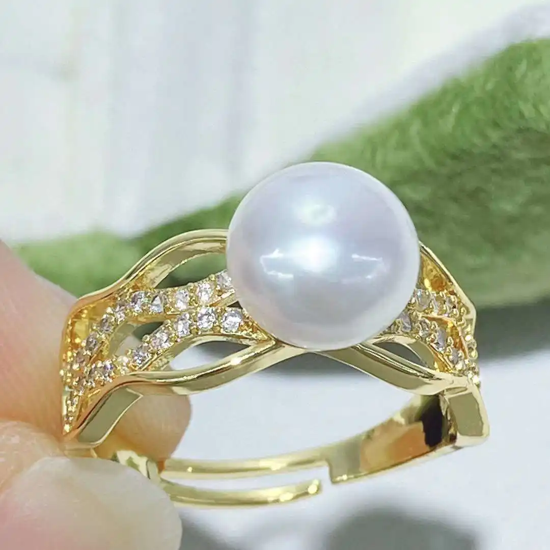 Vestido de regalo para niña, anillo ajustable Yzjnhnew, anillo de perla de pan de agua dulce de 8 vestidos, encaje con incrustaciones de circón bonito, chapado en oro de 18 quilates para mujer