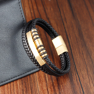 Men's Braided <b>Leather</b> <b>Bracelet</b> with 18K PVD Gold Plated Stainless Steel bar & Magnetic Clasp | Stylish Wristband for Casual Wear - Product Image 5