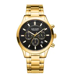 Megir品牌不锈钢表带手表批发jam tangan pria品牌手表男士腕表石英镀金腕表